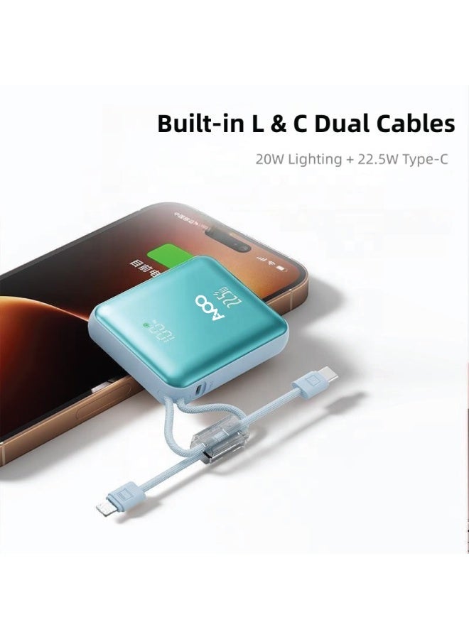 أفو باور بنك شحن متنقل صغير وخفيف 10000mAh شحن سريع PD مع سلكين مدمجين – بطارية متنقلة بلون أزرق أنيق للآيفون وسامسونج وأندرويد - Image 3