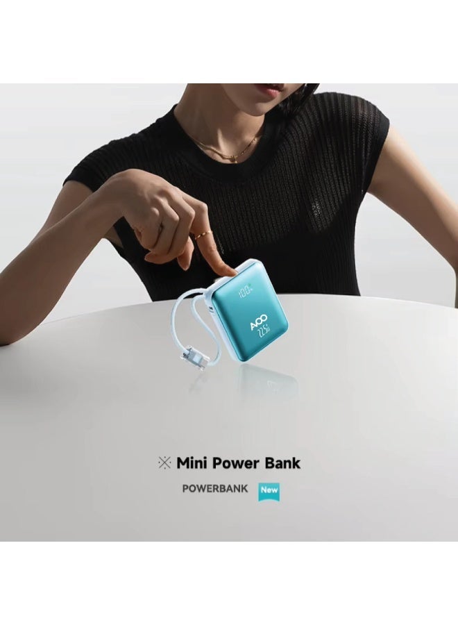 أفو باور بنك شحن متنقل صغير وخفيف 10000mAh شحن سريع PD مع سلكين مدمجين – بطارية متنقلة بلون أزرق أنيق للآيفون وسامسونج وأندرويد - Image 1