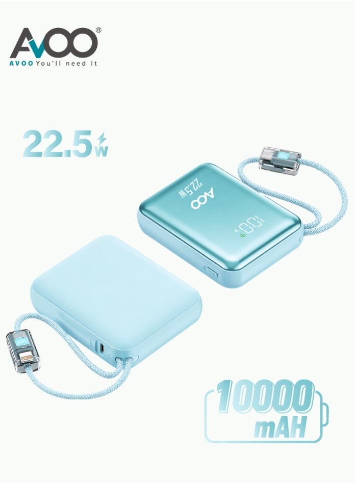 AVOO Small & Lightweight Portable Power Bank 10000mAh Fast Charging PD with Dual Built-in Cables – Stylish Blue Portable Battery for iPhone, Samsung & Android - Image 1