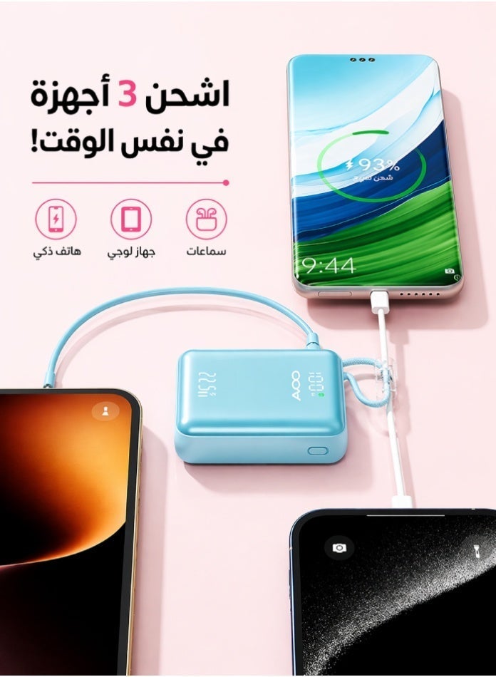AVOO Small & Lightweight Portable Power Bank 10000mAh Fast Charging PD with Dual Built-in Cables – Stylish Blue Portable Battery for iPhone, Samsung & Android - Image 3