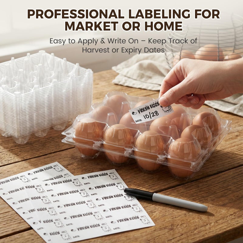 HANSGO 60 PCS 12 Count Plastic Egg Cartons, with 60PCS Date Labels, Bulk Clear Reusable Egg Containers for Fresh Medium Eggs Storage, Suitable for Farms, Families, Markets Display - Image 5