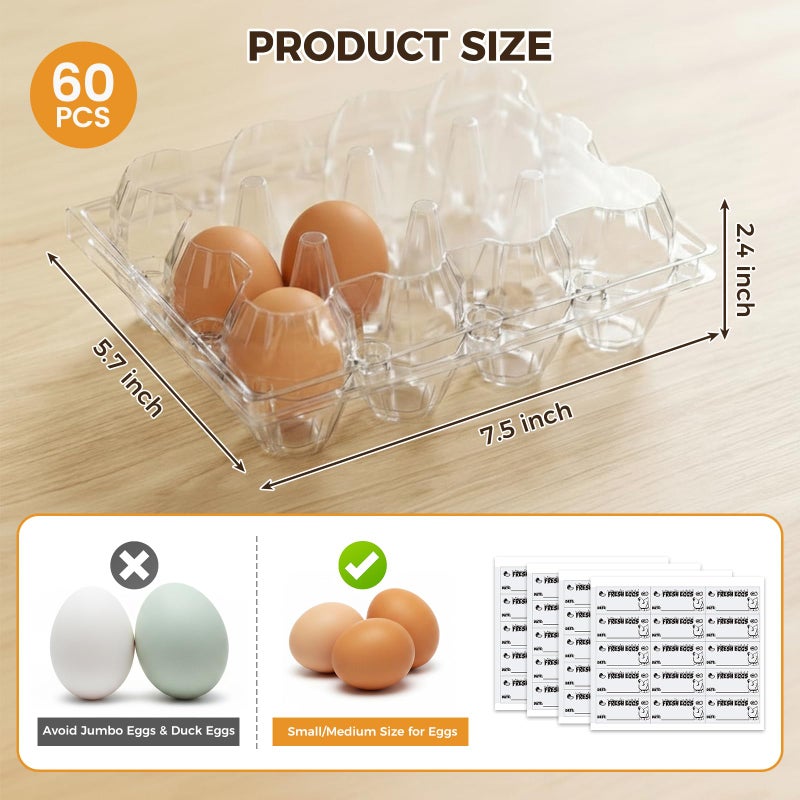 HANSGO 60 PCS 12 Count Plastic Egg Cartons, with 60PCS Date Labels, Bulk Clear Reusable Egg Containers for Fresh Medium Eggs Storage, Suitable for Farms, Families, Markets Display - Image 2