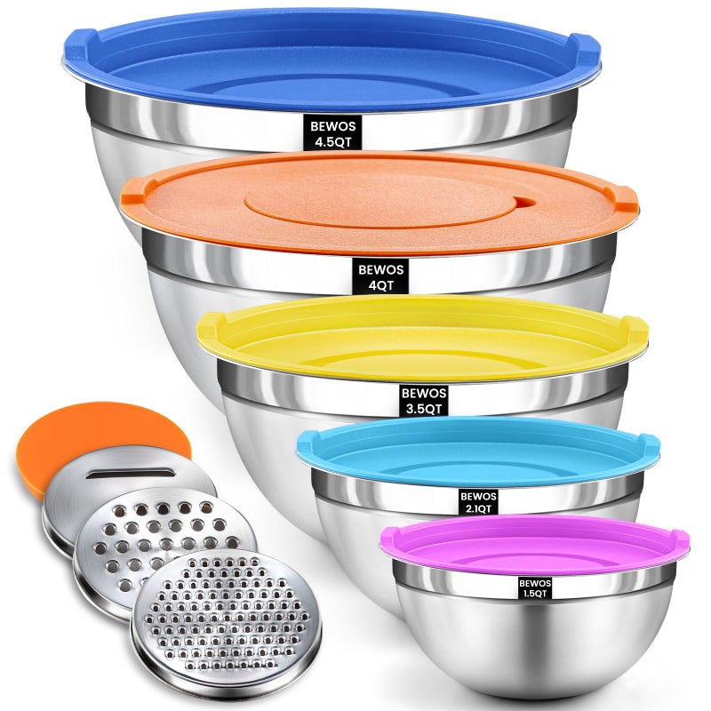 BEWOS Mixing Bowls with Airtight Lids Set - 5 Pcs Stainless Steel Mixing Bowls With 3 Grater Attachments, Size 4.5, 4, 3.5, 2.1, 1.5QT Metal Bowls for Baking and Serving (Colored) - Image 1