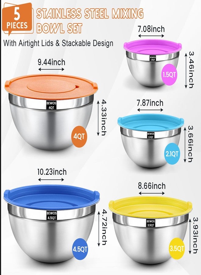 BEWOS Mixing Bowls with Airtight Lids Set - 5 Pcs Stainless Steel Mixing Bowls With 3 Grater Attachments, Size 4.5, 4, 3.5, 2.1, 1.5QT Metal Bowls for Baking and Serving (Colored) - Image 2