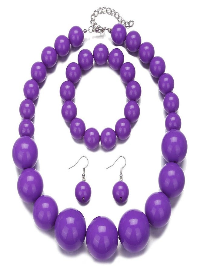 Pingyongchang Colorful Chunky Bead Jewelry Set Boho Large Simulated Pearl Statement Necklace Bracelet Earrings Set Holiday Party Bride Outfit for Women-Purple - Image 1