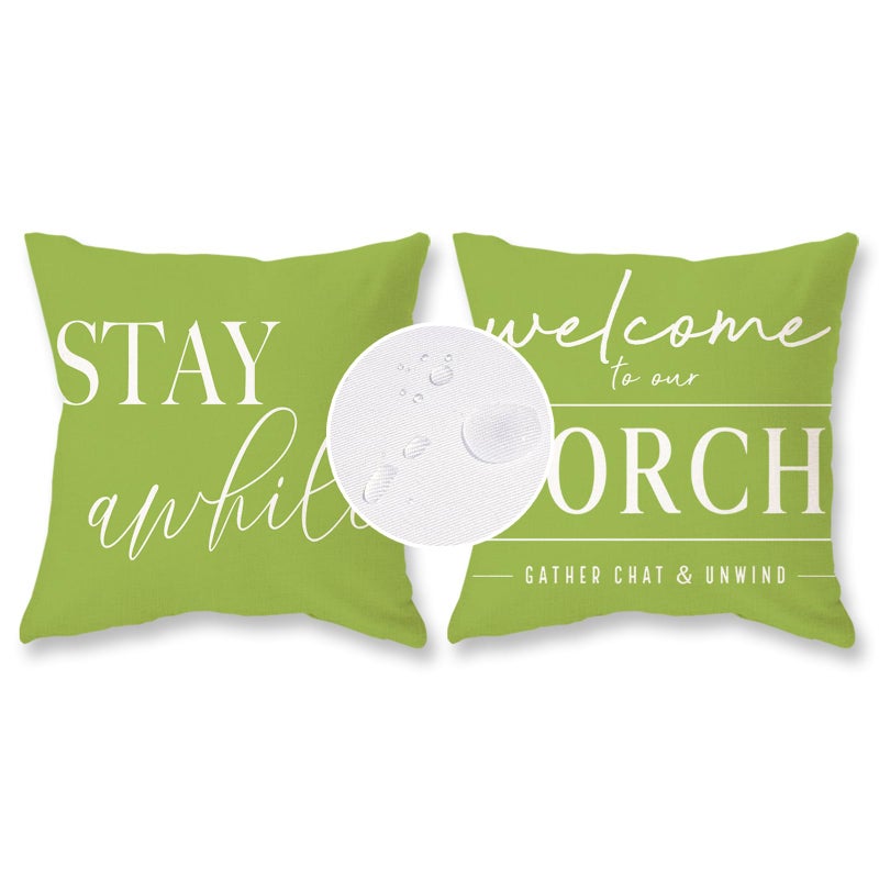 TAJWE Green Outdoor Pillow Covers Waterproof 18x18 Set of 2 Welcome to Our Porch Stay Awhile Cushion Cases for Patio Furniture Sofa Couch Decor - Image 1