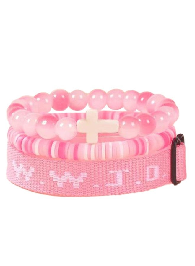 Fulbelle WWJD Bracelet Set for Women, Stackable Cross Beads & Adjustable Wristband Faith Jewelry Gift Pink - Image 1