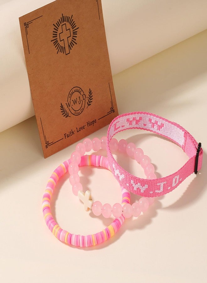 Fulbelle WWJD Bracelet Set for Women, Stackable Cross Beads & Adjustable Wristband Faith Jewelry Gift Pink - Image 3