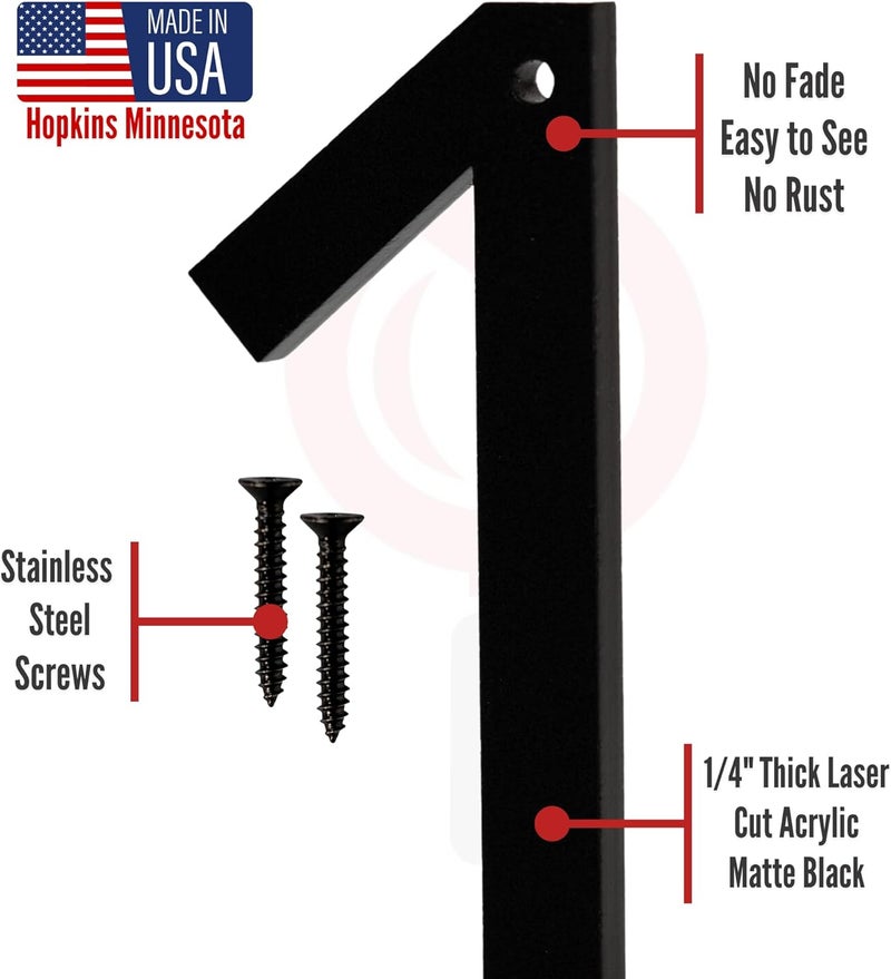 Discovered Designs 6" (1) Modern Address House Numbers for Outside - Easy to Install 3D Matte Black Acrylic Individual Numbers for Address on House, Weatherproof No Rust, Made in USA, Includes 2 - 3/4" Screws, Door Mailbox Number Home Address Number - Image 4