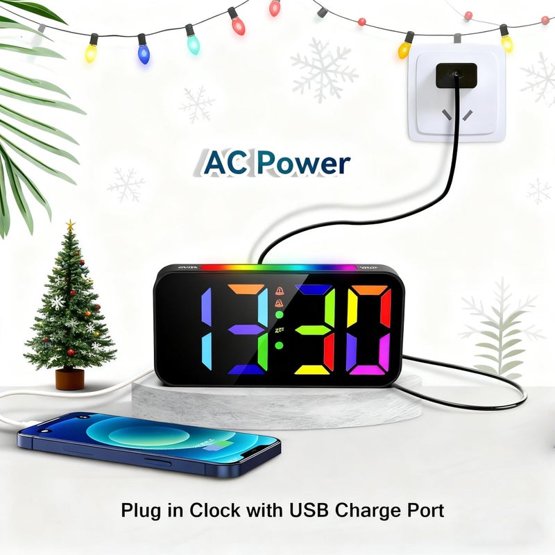 Topski Loud Alarm Clocks for Bedrooms Heavy Sleepers, Plug-in Digital Bedside Clock with RGB Night Light, Large Display, Dual Alarm, Snooze, Dimmable, 3 Volumes - Image 4