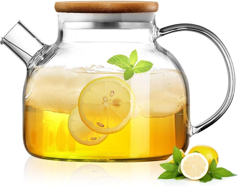 JINELZA Glass Tea Pot Kettles Stovetop Safe 1000ml Heatproof Borosilicate Glass Teapot Water Pitcher with Bamboo Lid and Removable Filter Spout for Loose Leaf and Blooming Tea 1 Pcs - Image 1