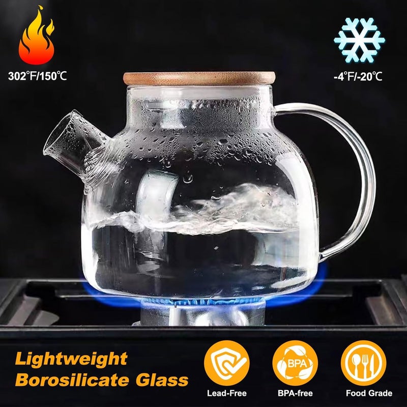 JINELZA Glass Tea Pot Kettles Stovetop Safe 1000ml Heatproof Borosilicate Glass Teapot Water Pitcher with Bamboo Lid and Removable Filter Spout for Loose Leaf and Blooming Tea 1 Pcs - Image 2