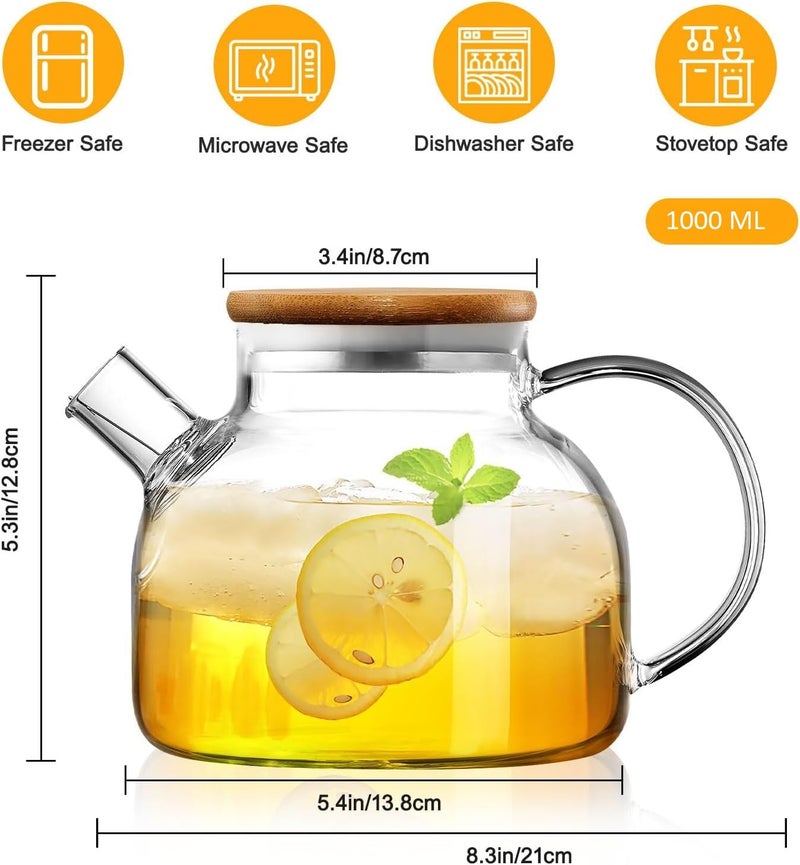 JINELZA Glass Tea Pot Kettles Stovetop Safe 1000ml Heatproof Borosilicate Glass Teapot Water Pitcher with Bamboo Lid and Removable Filter Spout for Loose Leaf and Blooming Tea 1 Pcs - Image 3