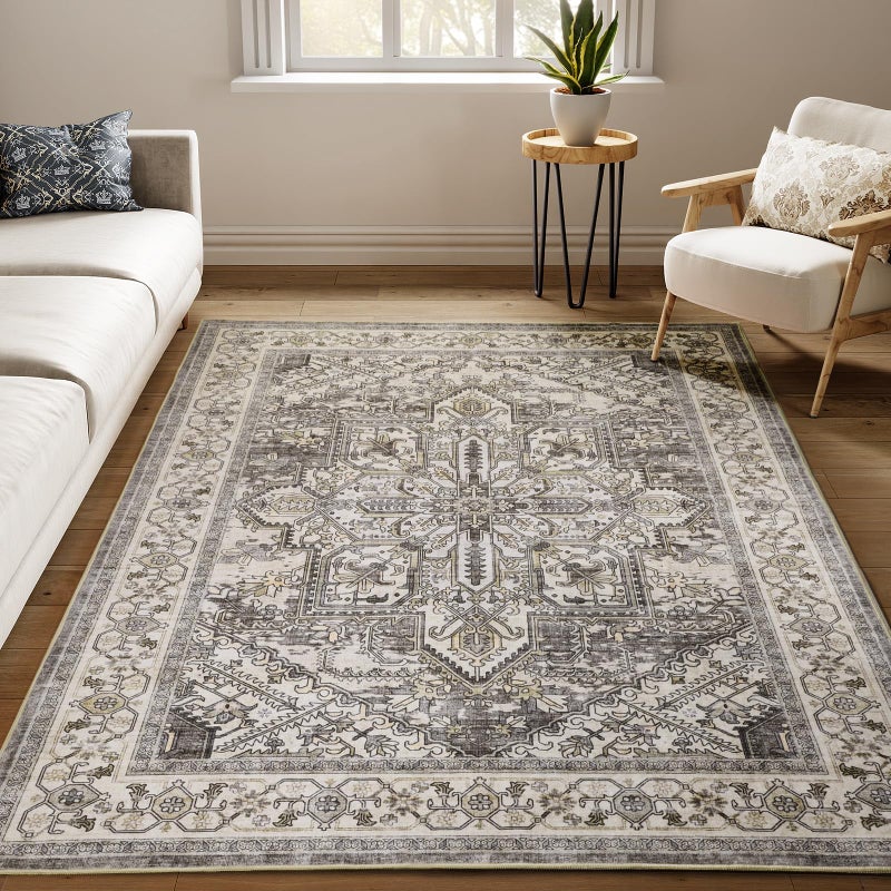 WITSHOCK Boho Area Rugs Machine Washable for Living Room Bedroom  Large 5x7 Vintage Non-Slip Stain Resistant Floor Carpet Indoor for Kitchen Dining Room Office Home Decor  Brown-Lvory - Image 1
