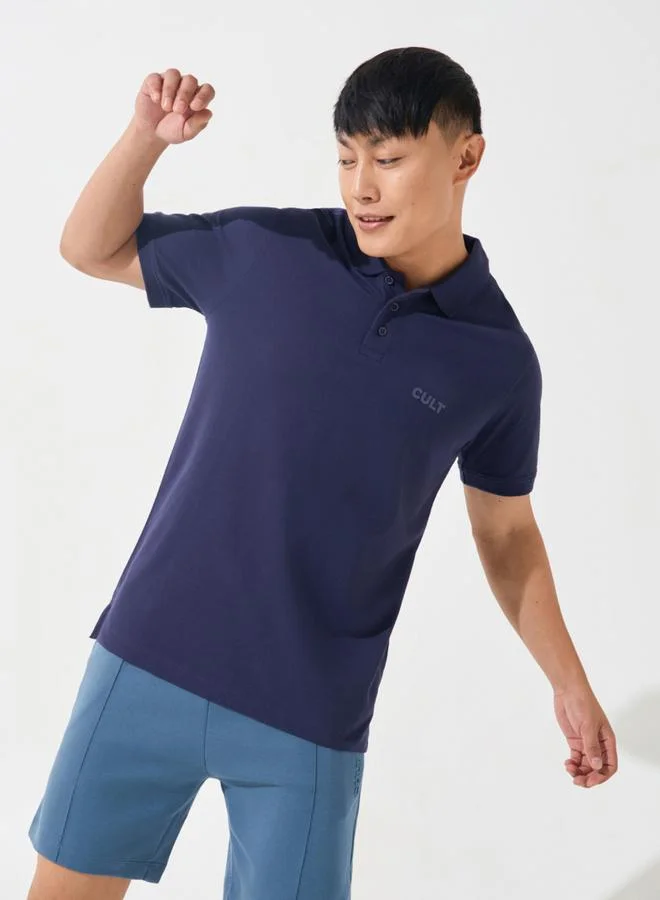 Cult Men Navy Blue Knitted Polo T-Shirt