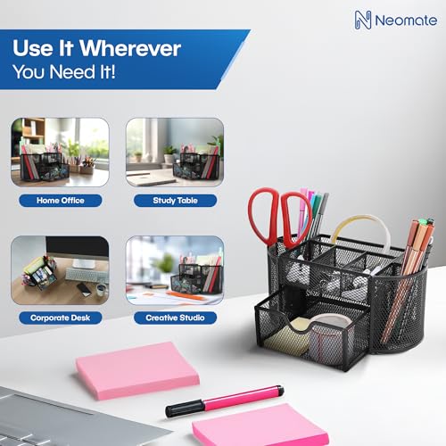 Neomate Metal Mesh Desk Organizer|Durable Office Supplies Caddy with Drawer for Home & Office|Desktop Organizer & Décor|Black, Drawer Organizers - Image 4