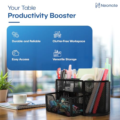 Neomate Metal Mesh Desk Organizer|Durable Office Supplies Caddy with Drawer for Home & Office|Desktop Organizer & Décor|Black, Drawer Organizers - Image 3