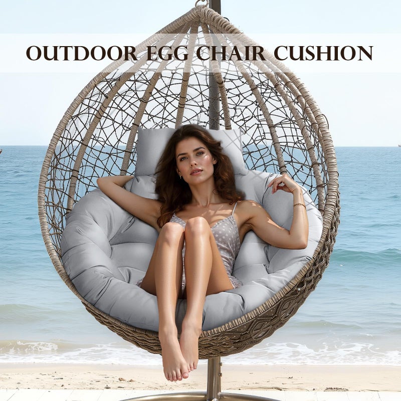 Eoieov Swing Egg Chair Cushion Waterproof Washable Hanging Chair Cushions with Ties Thicken Large Wicker Egg Chair Cushion Outdoor with Headrest Pillow,Light Grey,45 * 45 in - Image 2
