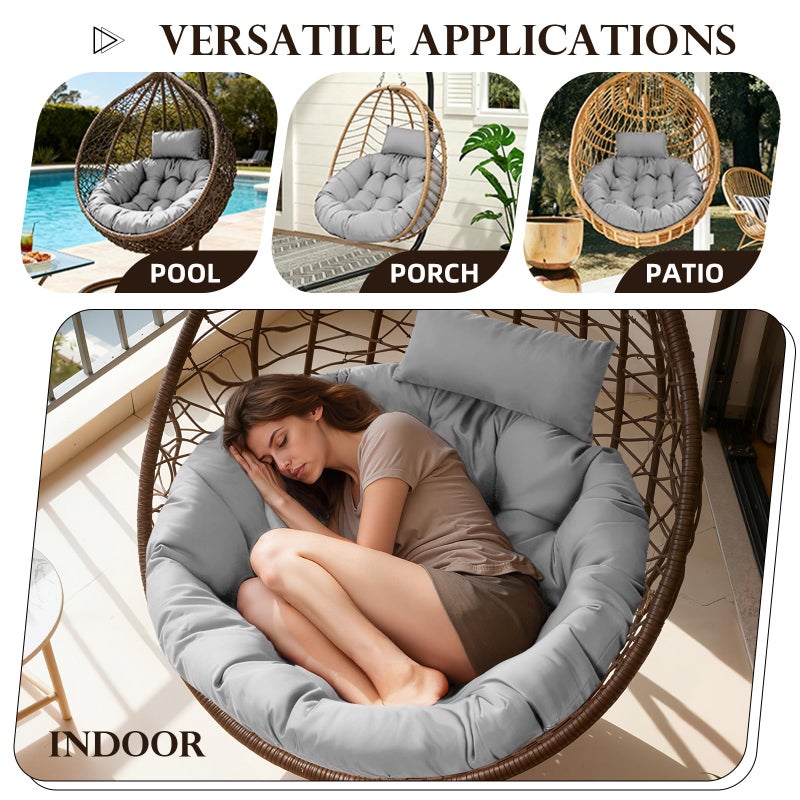 Eoieov Swing Egg Chair Cushion Waterproof Washable Hanging Chair Cushions with Ties Thicken Large Wicker Egg Chair Cushion Outdoor with Headrest Pillow,Light Grey,45 * 45 in - Image 3
