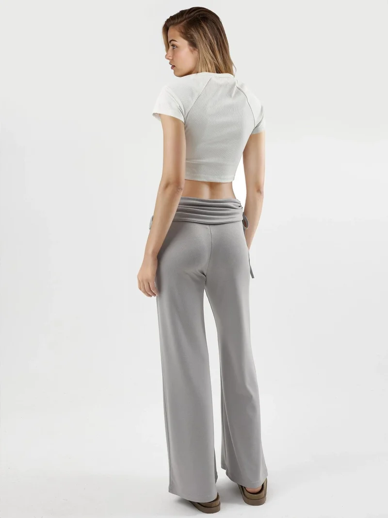 Hiccup Grey Modal Touch High Waist Wide Leg Pants with Gathering Detail Bersan Collection for Women | Best Price UAE