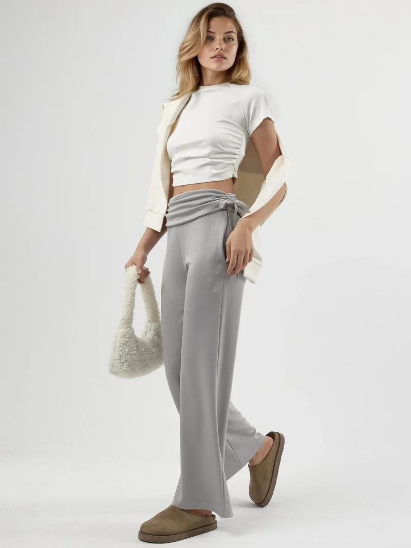 Hiccup Grey Modal Touch High Waist Wide Leg Pants with Gathering Detail Bersan Collection for Women | Best Price UAE