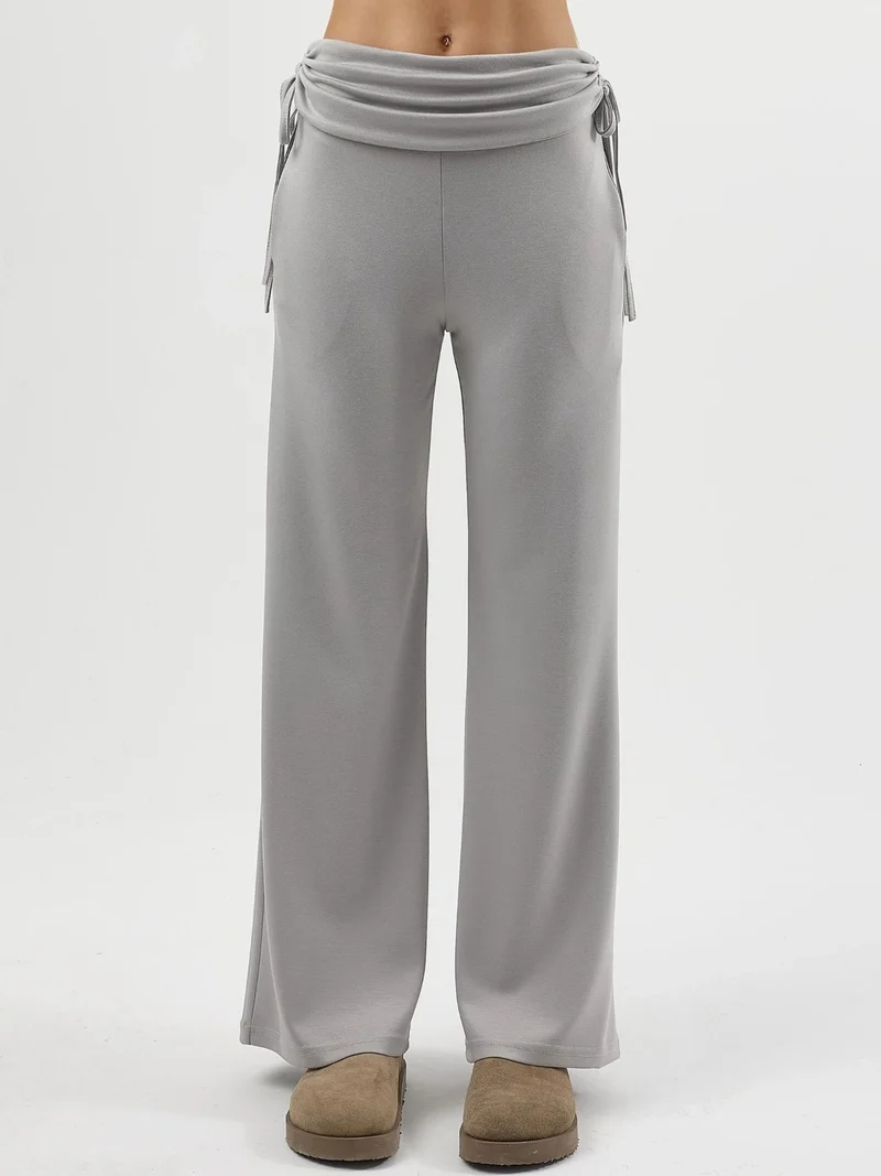 Hiccup Grey Modal Touch High Waist Wide Leg Pants with Gathering Detail Bersan Collection for Women | Best Price UAE