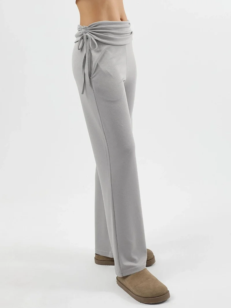 Hiccup Grey Modal Touch High Waist Wide Leg Pants with Gathering Detail Bersan Collection for Women | Best Price UAE