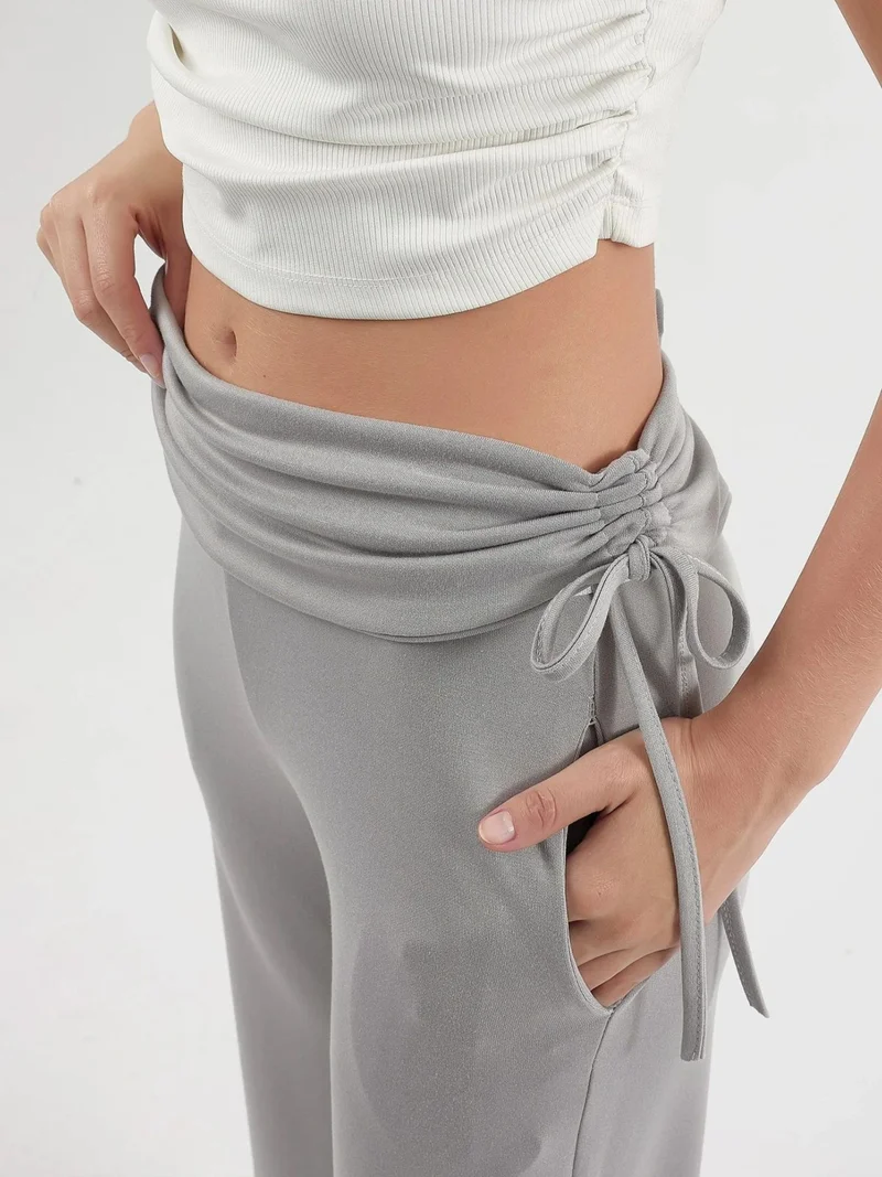 Hiccup Grey Modal Touch High Waist Wide Leg Pants with Gathering Detail Bersan Collection for Women | Best Price UAE