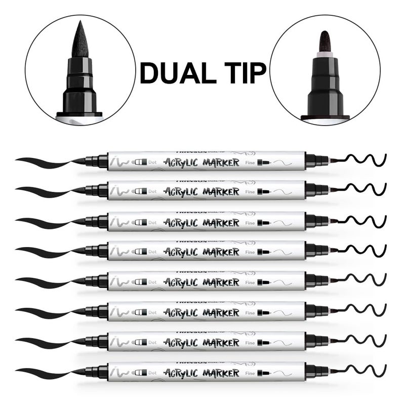 TRANSON 8 Pack Black Brush and Fine Dual-tip Acrylic Paint Marker for DIY Glass Canvas Wood Leather Ceramic Rock Painting - Image 4