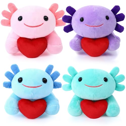 Motionchic 4 Pcs Valentines Day Love Stuffed Plush Gift Cute Axolotl Stuffed Plush Animal Love Toys with Holding Heart Sweet Romantic Valentines Hugging Gift for Couples Wife Husband - Image 1