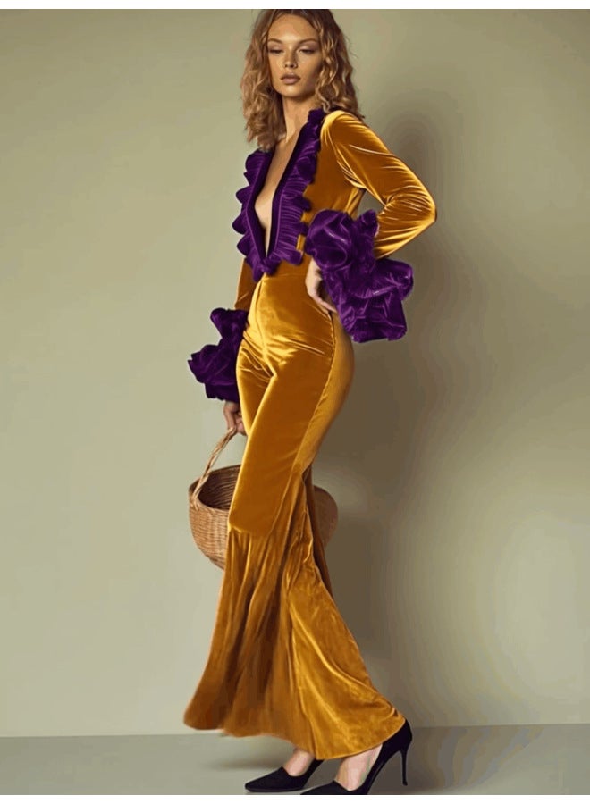 جامبسوت (بذلة) شتوي/خريفي جديد بأكمام طويلة، من القطيفة مع تطعيمات - Image 2