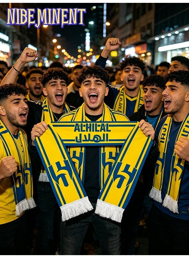 نيبمينينت وشاح مشجعين نادي الهلال لكرة القدم، وشاح بوليستر محبوك، مقاس 140×14 سم مع أهداب بيضاء، ألوان فريق أصيلة، هدية تذكارية لمحبي كرة القدم في السعودية - Image 3