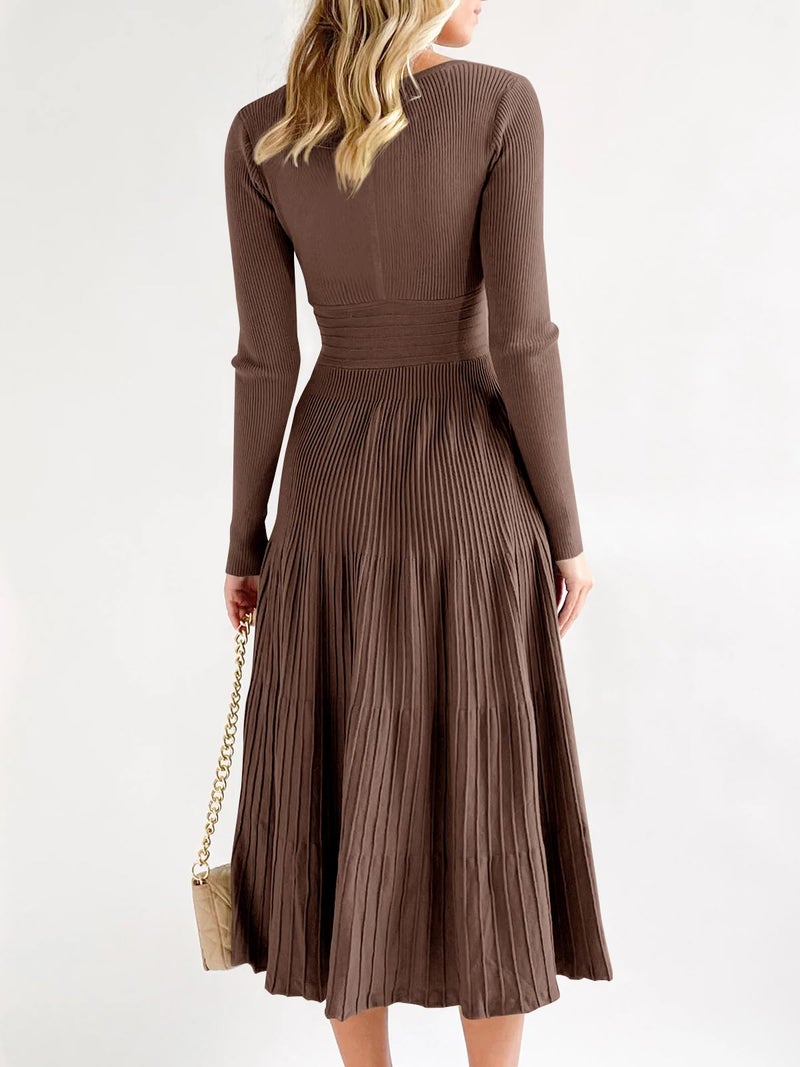 Saodimallsu Womens Long Sleeve Midi Sweater Dress Wrap V Neck Pleated A Line Fit Flare Elegant Knit Maxi Dress Coffee - Image 5