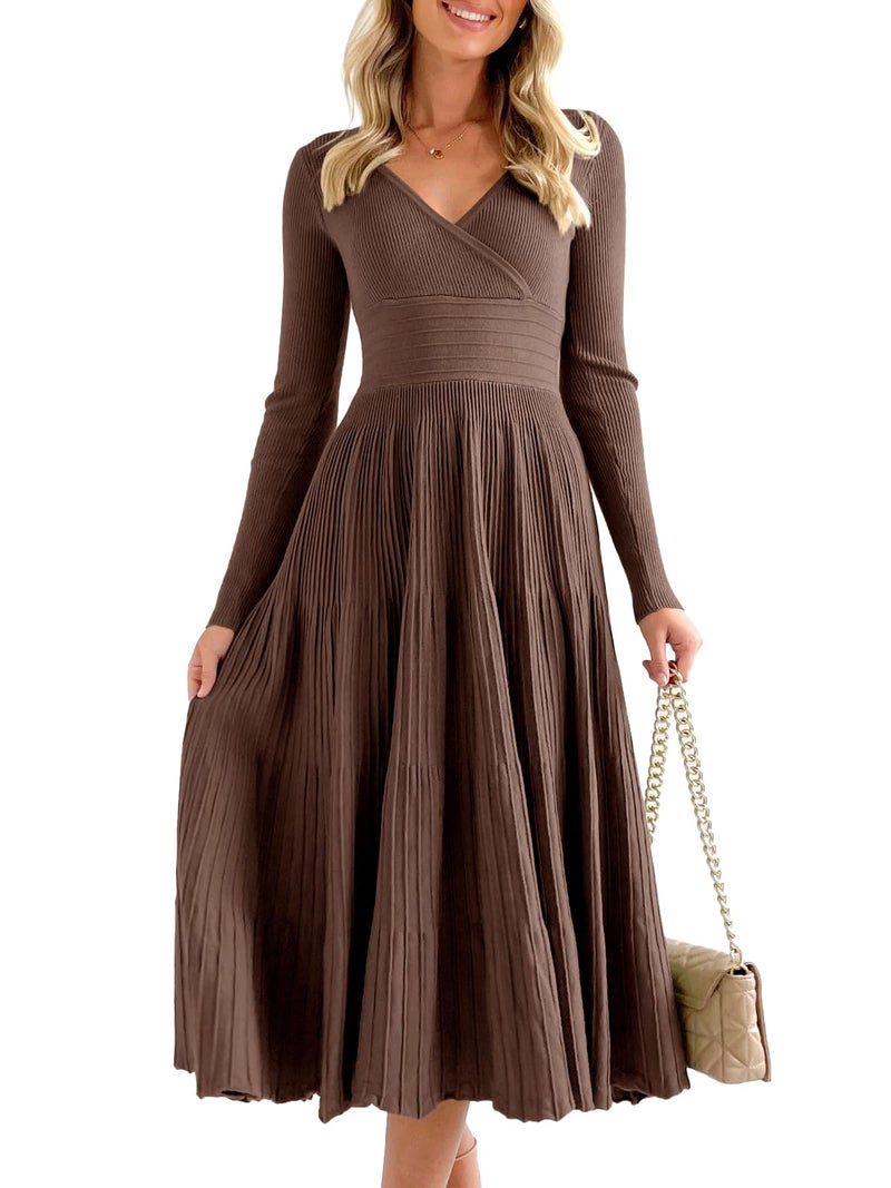 Saodimallsu Womens Long Sleeve Midi Sweater Dress Wrap V Neck Pleated A Line Fit Flare Elegant Knit Maxi Dress Coffee - Image 1