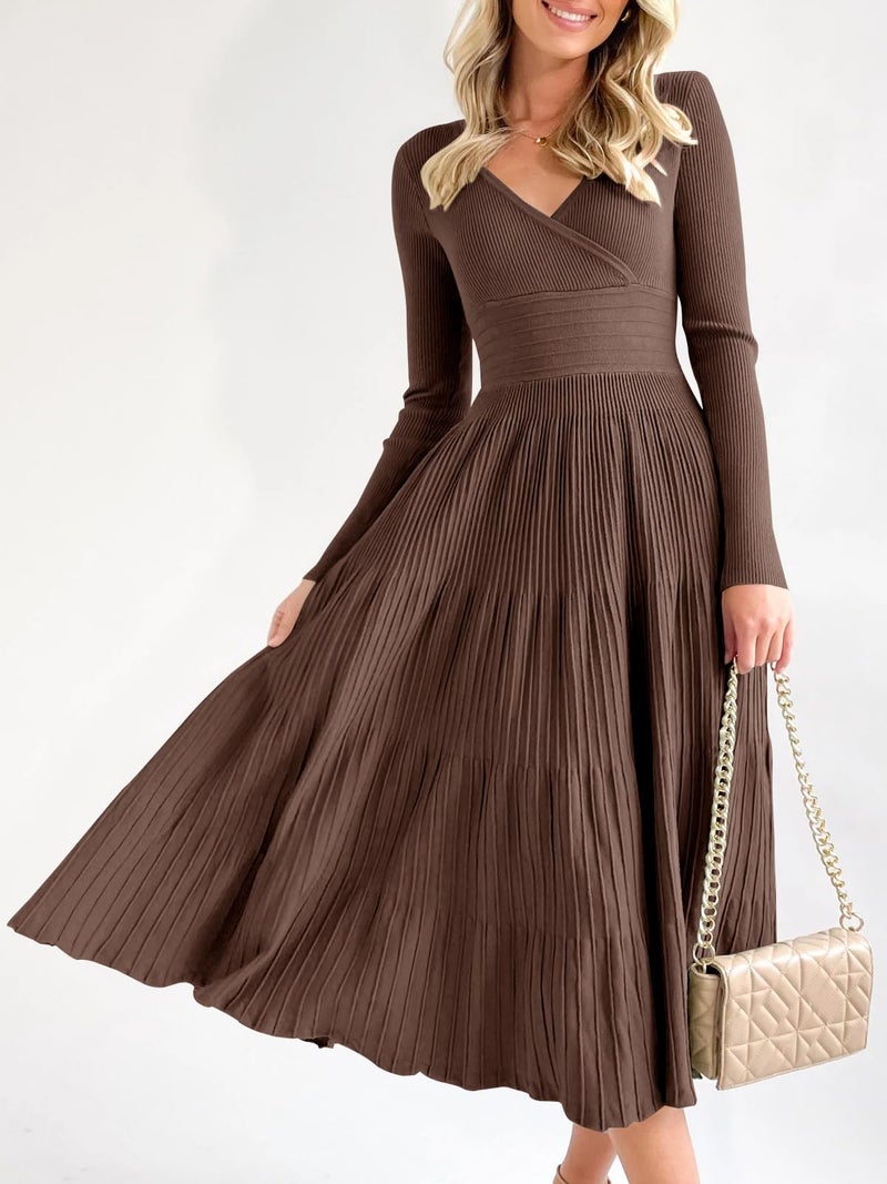 Saodimallsu Womens Long Sleeve Midi Sweater Dress Wrap V Neck Pleated A Line Fit Flare Elegant Knit Maxi Dress Coffee - Image 2