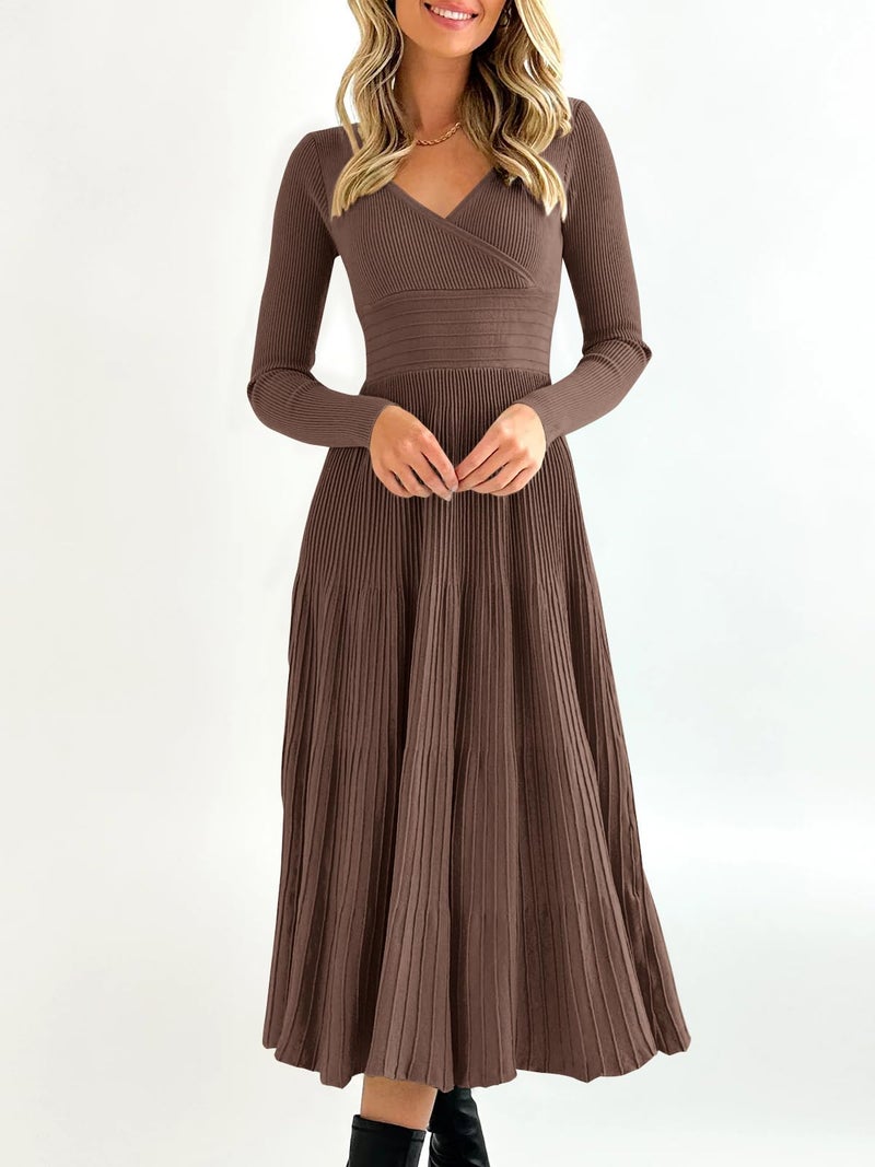 Saodimallsu Womens Long Sleeve Midi Sweater Dress Wrap V Neck Pleated A Line Fit Flare Elegant Knit Maxi Dress Coffee - Image 3