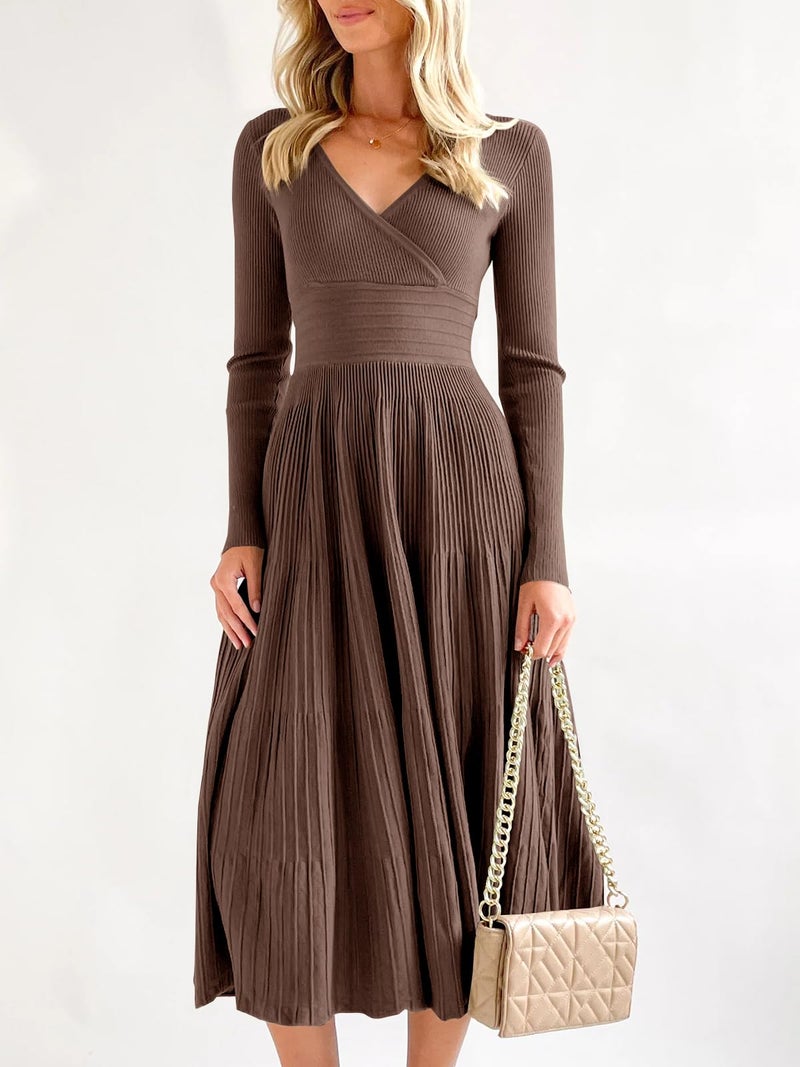 Saodimallsu Womens Long Sleeve Midi Sweater Dress Wrap V Neck Pleated A Line Fit Flare Elegant Knit Maxi Dress Coffee - Image 4
