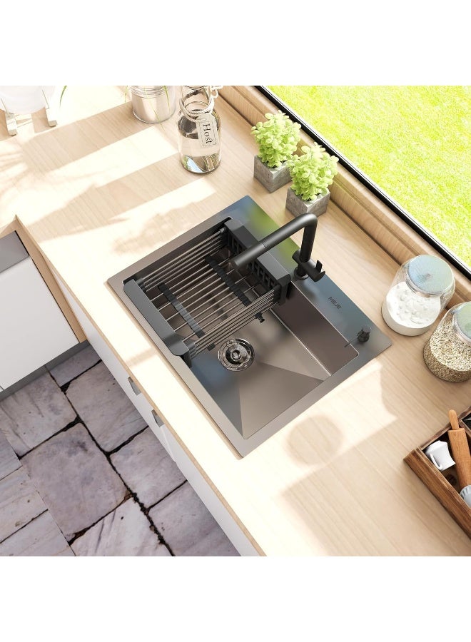 Almiftah 50 x 40 CM Stainless Steel Kitchen Sink - Large Single Bowl Undermount/Topmount Sink with Basket Strainer, Durable 304 Grade Material, Anti-Scratch Finish, Easy to Clean  - Image 4