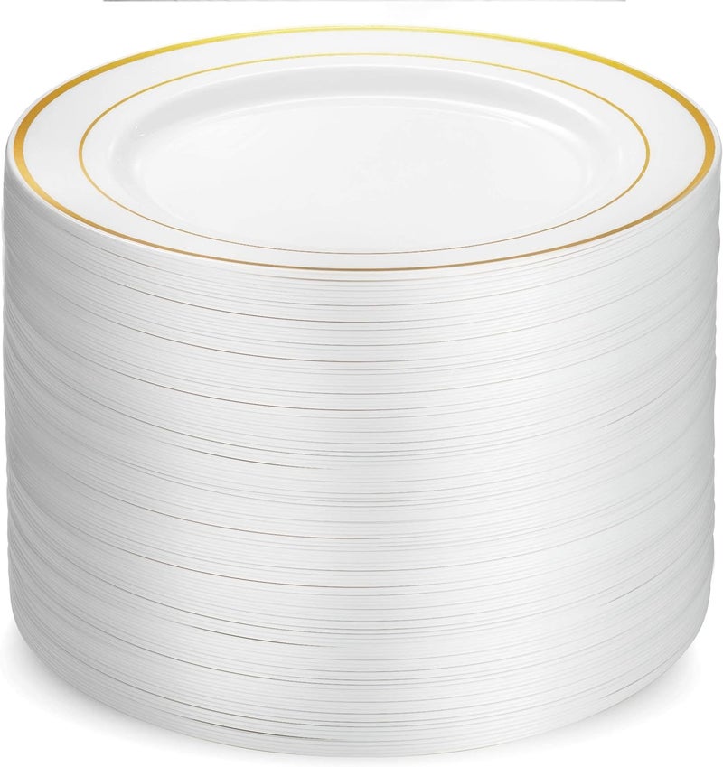 Munfix 100 Gold Plastic Plates Set 10 Inch Fancy Heavy Duty Elegant Disposable Dinner Plates For Party Wedding White with Gold Rim