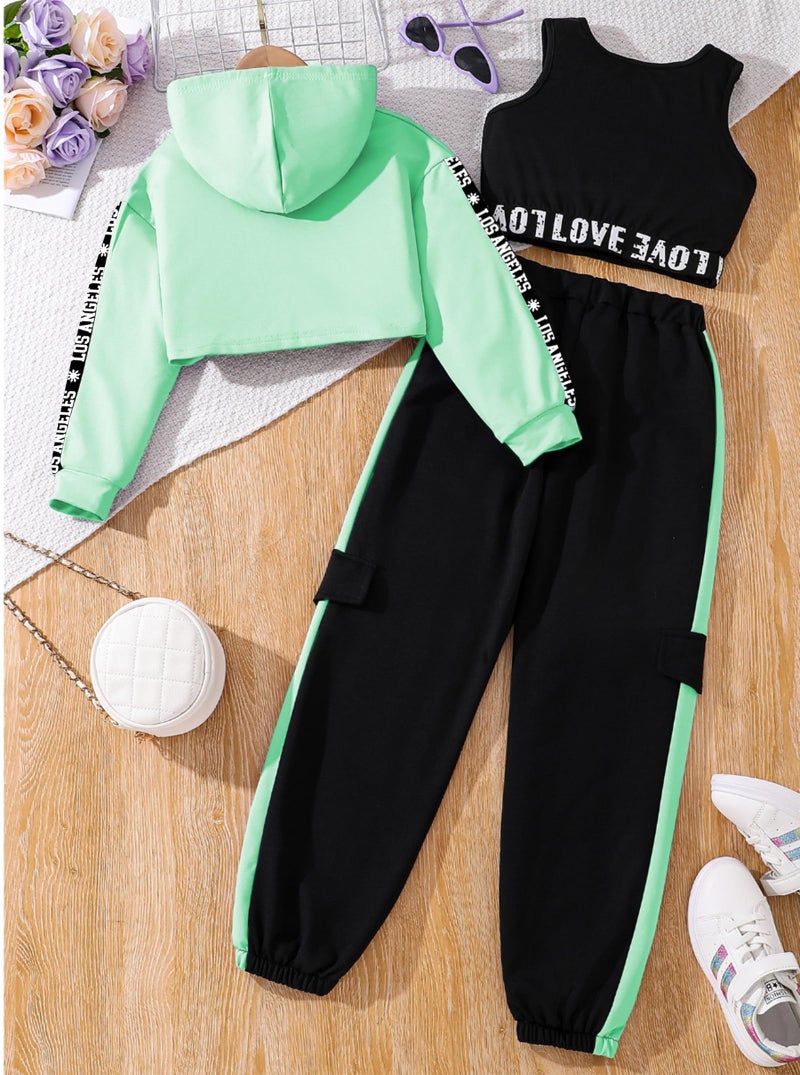 Hilinker Girls Graphic 3 Piece Outfits Workout Hoodie Crop Tank and Sweatpants Set Green Black LA 9-10 Year - Image 2