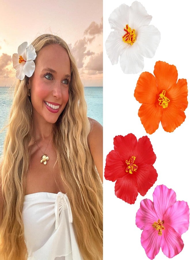CellElection 4Pcs Hawaiian Women's Hair Accessories - Artificial Hibiscus and Plumeria Flower Clips for Beach Party, Vacation Favors - Image 1