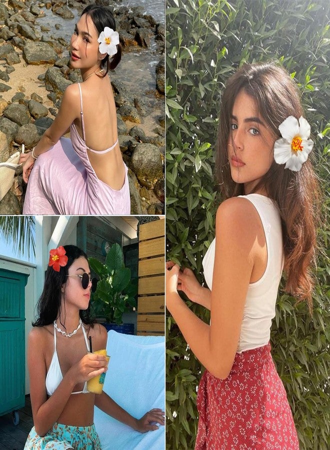 CellElection 4Pcs Hawaiian Women's Hair Accessories - Artificial Hibiscus and Plumeria Flower Clips for Beach Party, Vacation Favors - Image 2