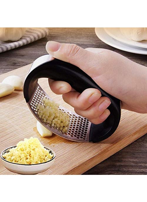 C DEVICE C DEVICE Stainless Steel and Plastic Portable Garlic Crusher Ginger Mincer Squeezer Press Rocker Kitchen Chopper with Handle Silver Black  - Image 1