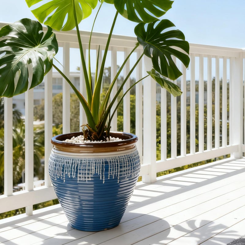 WORTH Clay-Pot-Style Plastic Planters Set of 2 (Large: 17"Dia x 16"H & Small: 13"Dia x 13"H), Blue-Glazed Plant Pot, Round Lightweight Flower Pots with Drainage Hole & Plug for Indoor & Outdoor Use - Image 5