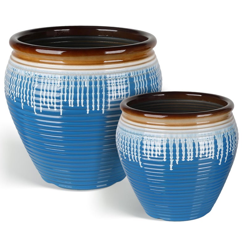 WORTH Clay-Pot-Style Plastic Planters Set of 2 (Large: 17"Dia x 16"H & Small: 13"Dia x 13"H), Blue-Glazed Plant Pot, Round Lightweight Flower Pots with Drainage Hole & Plug for Indoor & Outdoor Use - Image 1