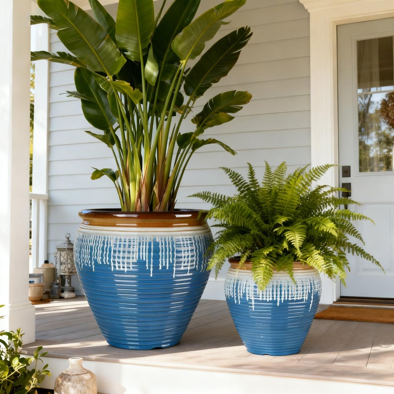 WORTH Clay-Pot-Style Plastic Planters Set of 2 (Large: 17"Dia x 16"H & Small: 13"Dia x 13"H), Blue-Glazed Plant Pot, Round Lightweight Flower Pots with Drainage Hole & Plug for Indoor & Outdoor Use - Image 2