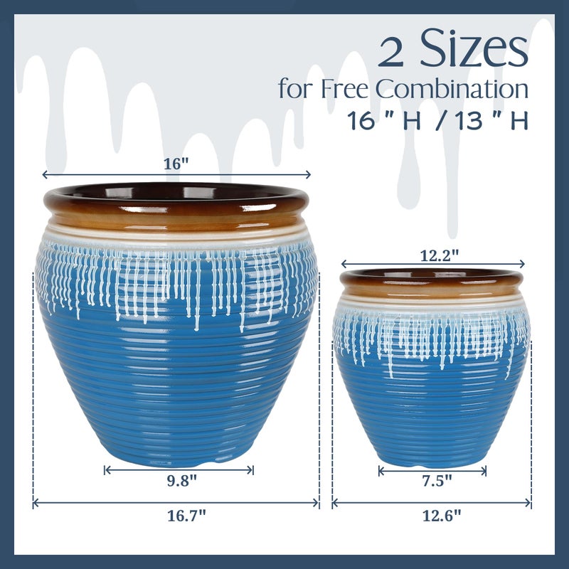 WORTH Clay-Pot-Style Plastic Planters Set of 2 (Large: 17"Dia x 16"H & Small: 13"Dia x 13"H), Blue-Glazed Plant Pot, Round Lightweight Flower Pots with Drainage Hole & Plug for Indoor & Outdoor Use - Image 4
