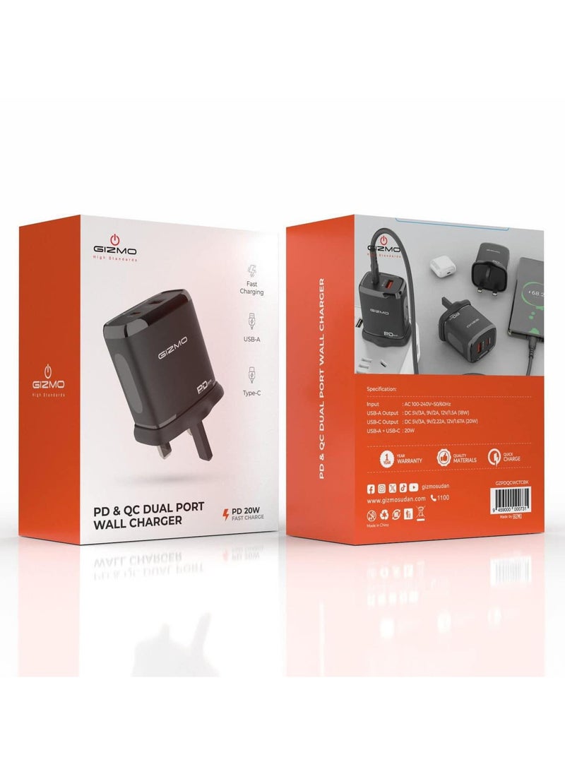 Gizmo PD & QC Dual Port Wall Charger / PD 20W Fast Charging / USB-A / USB Type-C - Black  - Image 3