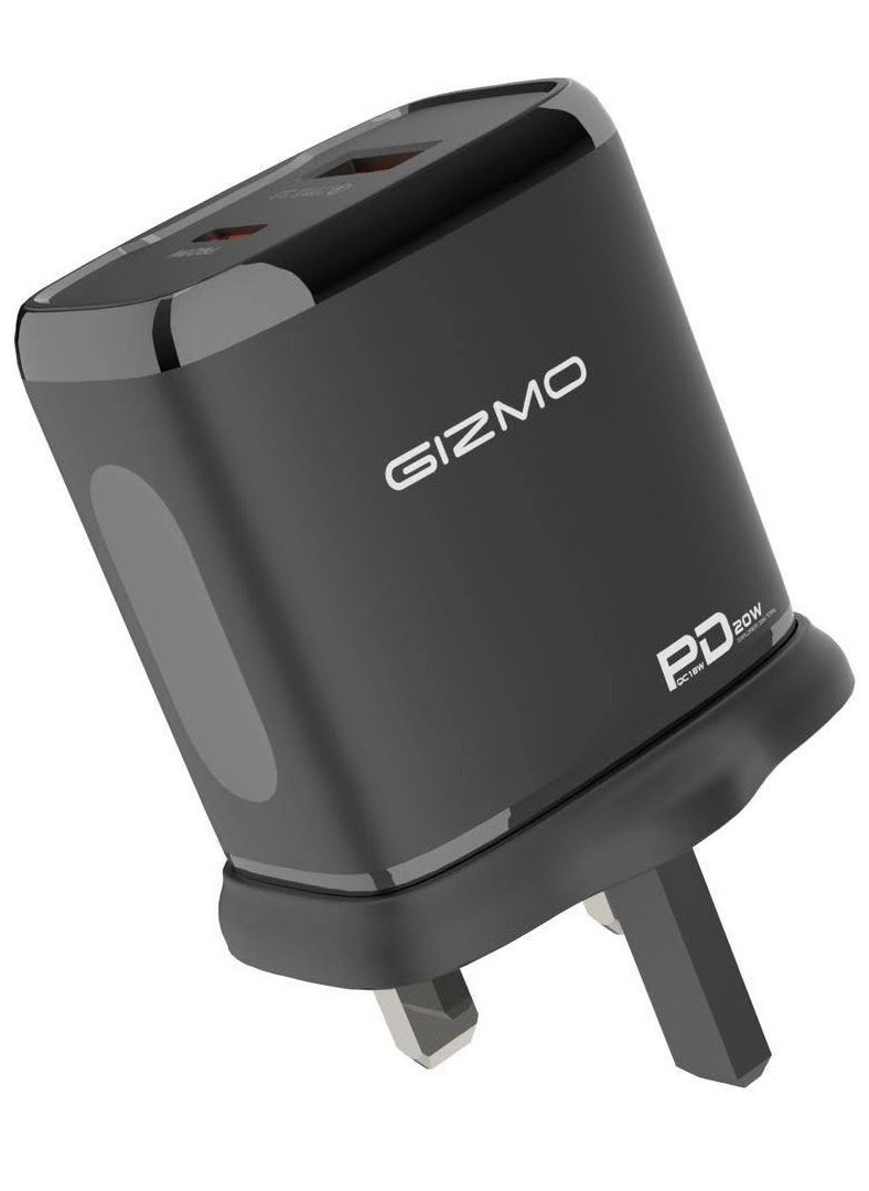 Gizmo PD & QC Dual Port Wall Charger / PD 20W Fast Charging / USB-A / USB Type-C - Black  - Image 1