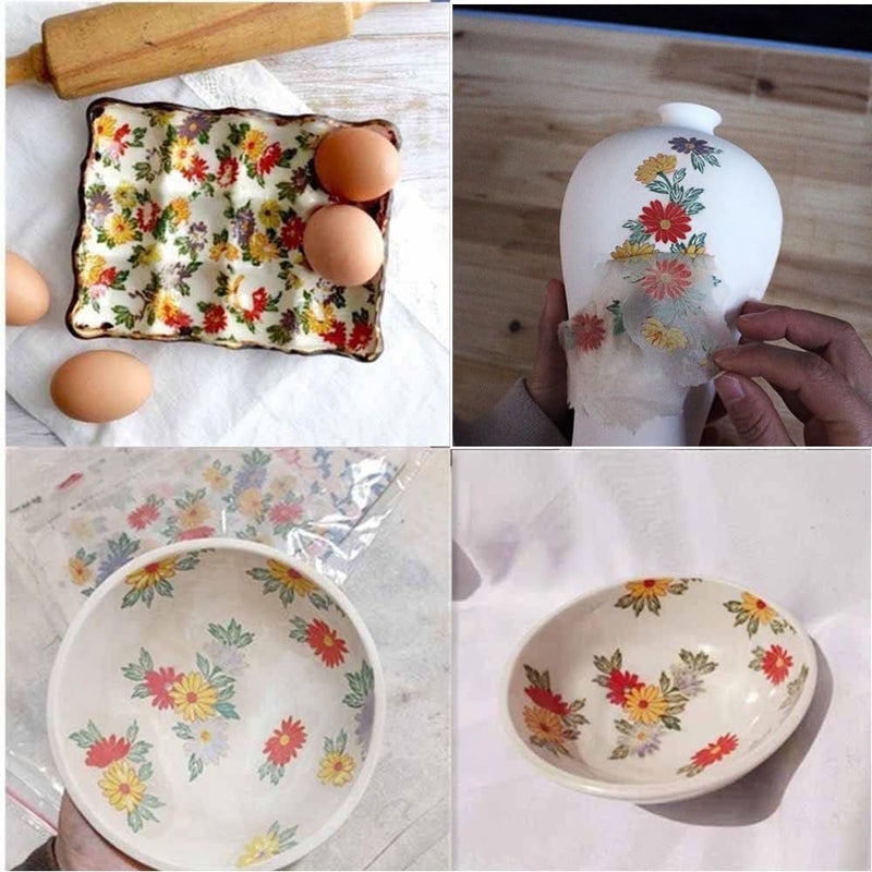 Primst 6PCS Pottery Art DIY Stickers Ceramic Clay Transfer Paper Flower Paper Porcelain Glaze Underglaze Transfers for Pottery Overglaze Enamel Waterslide Decal Multicolor - Image 2